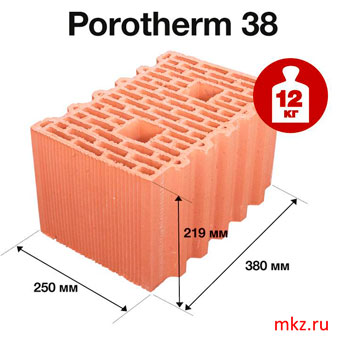 Размеры блока Porotherm 38